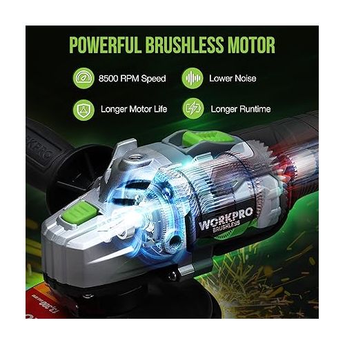  WORKPRO Cordless Angle Grinder, 20V Brushless Grinder with 4.0Ah Battery and Fast Charger, 4-1/2 Inch Dics, 8500RPM Brushless Motor Electric Grinder Power Tools for Metal and Wood