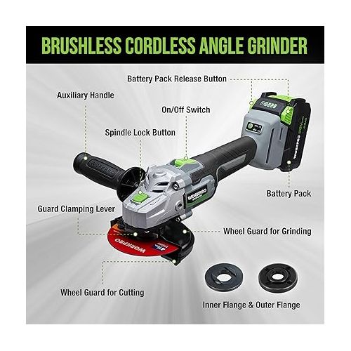  WORKPRO Cordless Angle Grinder, 20V Brushless Grinder with 4.0Ah Battery and Fast Charger, 4-1/2 Inch Dics, 8500RPM Brushless Motor Electric Grinder Power Tools for Metal and Wood