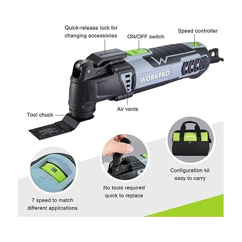  WORKPRO Oscillating Multi-Tool Kit, 3.0 Amp Corded Quick-Lock Replaceable Oscillating Saw with 7 Variable Speed, 3° Oscillation Angle, 17pcs Saw Accessories, and Carrying Bag