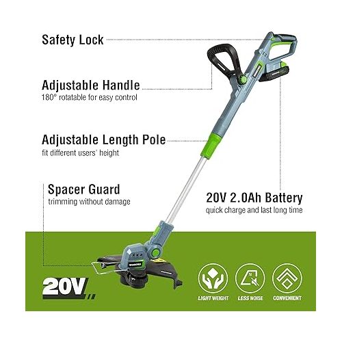  WORKPRO 20V Cordless String Trimmer/Edger, 12-inch, with 2Ah Lithium-Ion Battery, 1 Hour Quick Charger, 16.4ft Trimmer Line Included