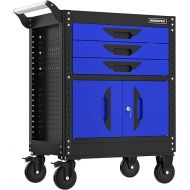 WORKPRO 27.5 Inch 3-Drawer Rolling Tool Chest with Wheels, Portable Steel Tool Cabinets with Drawers, Liners and Locking System for Warehouse, Garage, Black and Blue