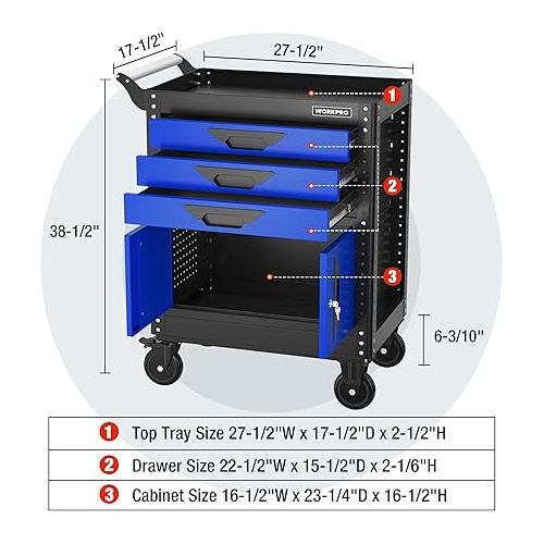  WORKPRO 27.5 Inch 3-Drawer Rolling Tool Chest with Wheels, Portable Steel Tool Cabinets with Drawers, Liners and Locking System for Warehouse, Garage, Black and Blue