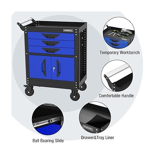  WORKPRO 27.5 Inch 3-Drawer Rolling Tool Chest with Wheels, Portable Steel Tool Cabinets with Drawers, Liners and Locking System for Warehouse, Garage, Black and Blue