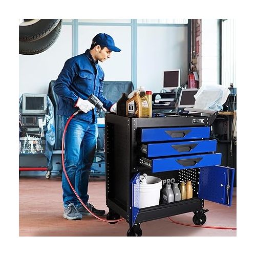  WORKPRO 27.5 Inch 3-Drawer Rolling Tool Chest with Wheels, Portable Steel Tool Cabinets with Drawers, Liners and Locking System for Warehouse, Garage, Black and Blue