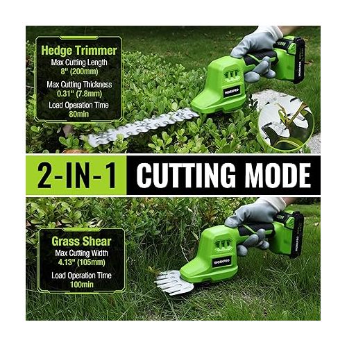  WORKPRO 20V Cordless Grass Shear & Shrubbery Trimmer-2 in 1 Handheld Hedge Trimmer, Electric Grass Trimmer Hedge Shear/Grass Cutter with 2.0Ah Rechargeable Lithium-Ion Battery and 1 Hour Fast Charger