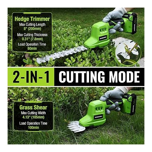  WORKPRO 20V Cordless Grass Shear & Shrubbery Trimmer-2 in 1 Handheld Hedge Trimmer, Electric Grass Trimmer Hedge Shear/Grass Cutter with 2.0Ah Rechargeable Lithium-Ion Battery and 1 Hour Fast Charger