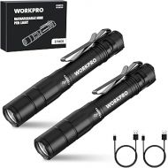 WORKPRO Rechargeable Pen Light, Mini Flashlight, 2 Pack Ultra-Compact EDC Flashlight, Pocket Flashlight with Clip, Memory Function and 2 x USB C Cable Included, Black