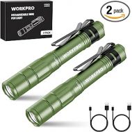 WORKPRO Rechargeable Pen Light, Mini Flashlight, 2 Pack Ultra-Compact EDC Flashlight, Pocket Flashlight with Clip, Memory Function and 5 x USB C Cable Included, Green