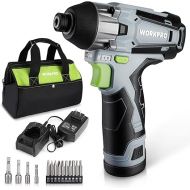 WORKPRO Cordless Impact Driver Kit, 1/4” Hex Electric Impact Drill/Driver Set with 12V 2.0Ah Lithium-ion Battery, 1 Hour Fast Charge, Variable Speed, 14pc Driver Bits and Tool Bag Included