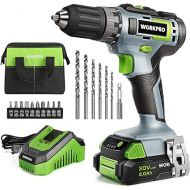 WORKPRO 20V Cordless Drill Driver Kit, 3/8'' Keyless Chuck, 2.0 Ah Li-ion Battery, 1 Hour Fast Charger and 11-inch Green Storage Bag Included