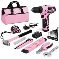 WORKPRO 12V Pink Cordless Drill Driver and Home Tool Kit, Hand Tool Set for DIY, Home Maintenance, 14-inch Storage Bag Included - Pink Ribbon