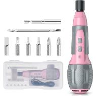 WORKPRO Electric Cordless Screwdriver Set - 4V USB Rechargeable Lithium-ion Battery Screwdriver Kit with LED Light - Small Screwdriver with 7pcs Bits for Home, Office, Apartment - Pink Ribbon