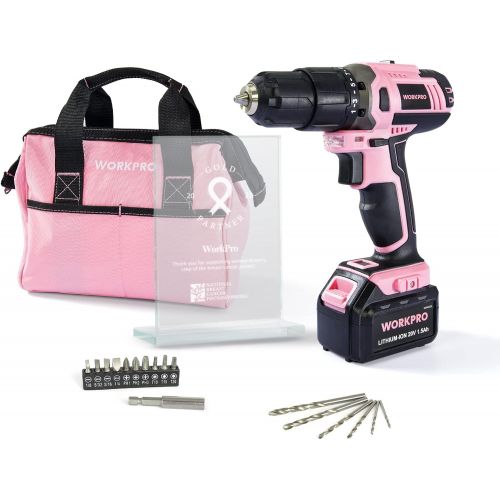  [아마존베스트]WORKPRO Pink Cordless 20V Lithium-ion Drill Driver Set, 1 Battery, Charger and Storage Bag Included - Pink Ribbon