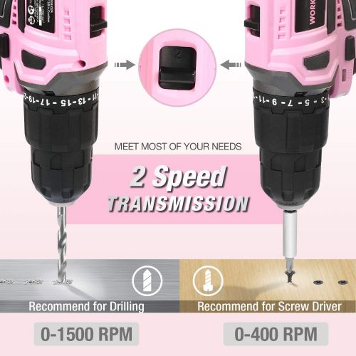  [아마존베스트]WORKPRO Pink Cordless 20V Lithium-ion Drill Driver Set, 1 Battery, Charger and Storage Bag Included - Pink Ribbon