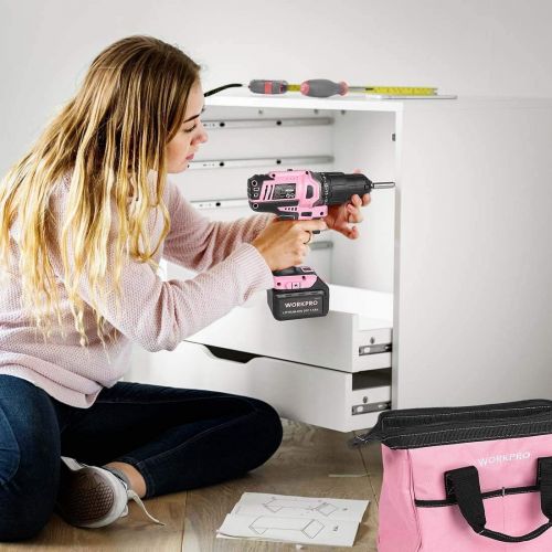  [아마존베스트]WORKPRO Pink Cordless 20V Lithium-ion Drill Driver Set, 1 Battery, Charger and Storage Bag Included - Pink Ribbon