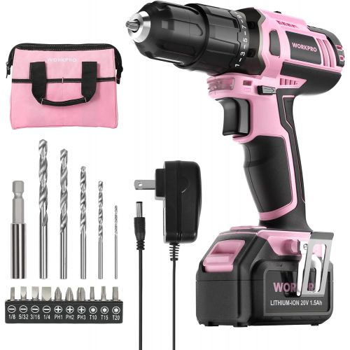  [아마존베스트]WORKPRO Pink Cordless 20V Lithium-ion Drill Driver Set, 1 Battery, Charger and Storage Bag Included - Pink Ribbon