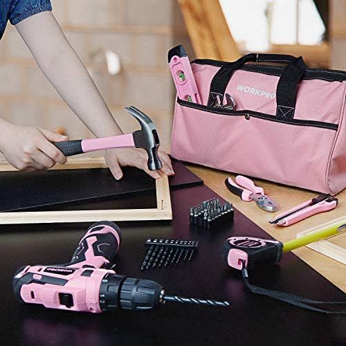  [아마존베스트]WORKPRO 12V Pink Cordless Drill and Home Tool Kit, 61 Pieces Hand Tool for DIY, Home Maintenance, 14-inch Storage Bag Included - Pink Ribbon