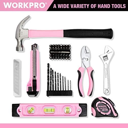  [아마존베스트]WORKPRO 12V Pink Cordless Drill and Home Tool Kit, 61 Pieces Hand Tool for DIY, Home Maintenance, 14-inch Storage Bag Included - Pink Ribbon