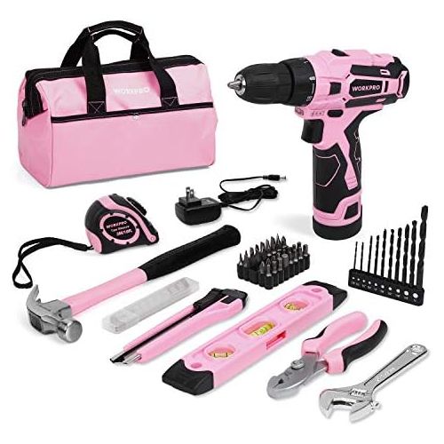  [아마존베스트]WORKPRO 12V Pink Cordless Drill and Home Tool Kit, 61 Pieces Hand Tool for DIY, Home Maintenance, 14-inch Storage Bag Included - Pink Ribbon