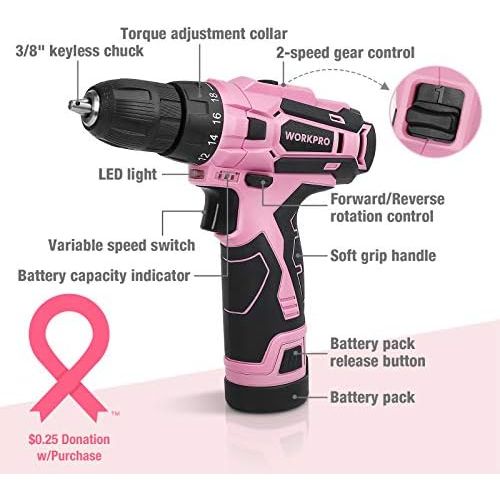  [아마존베스트]WORKPRO 12V Pink Cordless Drill and Home Tool Kit, 61 Pieces Hand Tool for DIY, Home Maintenance, 14-inch Storage Bag Included - Pink Ribbon