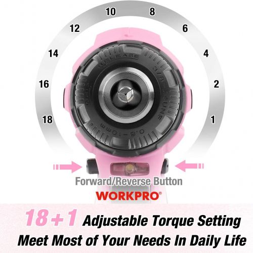  [아마존베스트]WORKPRO 12V Pink Cordless Drill and Home Tool Kit, 61 Pieces Hand Tool for DIY, Home Maintenance, 14-inch Storage Bag Included - Pink Ribbon