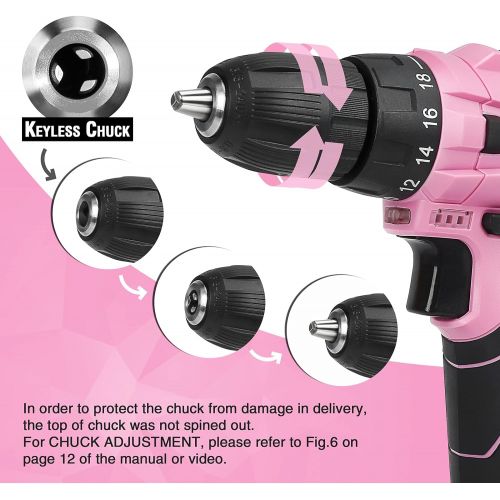  [아마존베스트]WORKPRO 12V Pink Cordless Drill and Home Tool Kit, 61 Pieces Hand Tool for DIY, Home Maintenance, 14-inch Storage Bag Included - Pink Ribbon