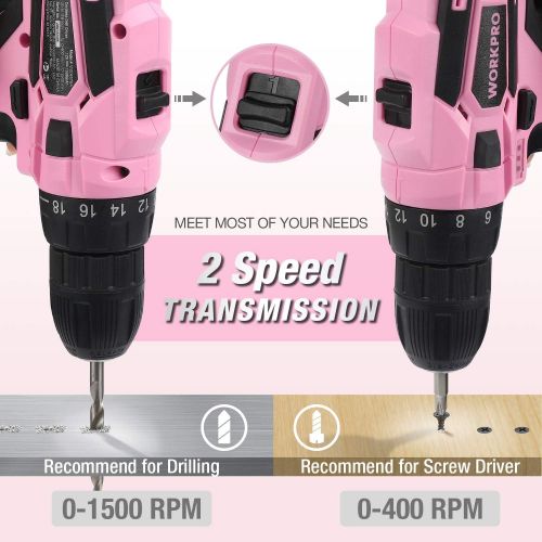  [아마존베스트]WORKPRO 12V Pink Cordless Drill and Home Tool Kit, 61 Pieces Hand Tool for DIY, Home Maintenance, 14-inch Storage Bag Included - Pink Ribbon