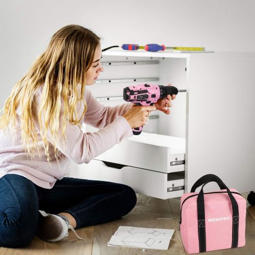  [아마존베스트]WORKPRO 12V Pink Cordless Drill and Home Tool Kit, 61 Pieces Hand Tool for DIY, Home Maintenance, 14-inch Storage Bag Included - Pink Ribbon