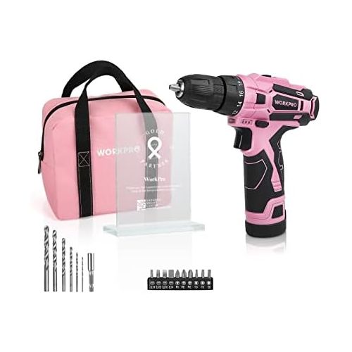  [아마존베스트]WORKPRO Pink Cordless Drill Driver Set, 12V Electric Screwdriver Driver Tool Kit for Women, 3/8 Keyless Chuck, Charger and Storage Bag Included - Pink Ribbon