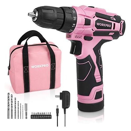  [아마존베스트]WORKPRO Pink Cordless Drill Driver Set, 12V Electric Screwdriver Driver Tool Kit for Women, 3/8 Keyless Chuck, Charger and Storage Bag Included - Pink Ribbon