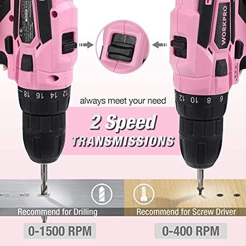  [아마존베스트]WORKPRO Pink Cordless Drill Driver Set, 12V Electric Screwdriver Driver Tool Kit for Women, 3/8 Keyless Chuck, Charger and Storage Bag Included - Pink Ribbon