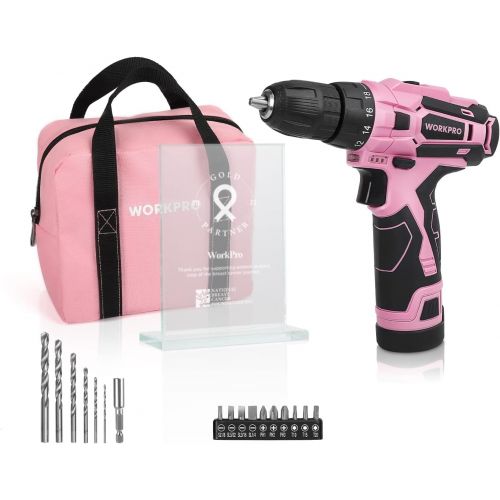  [아마존베스트]WORKPRO Pink Cordless Drill Driver Set, 12V Electric Screwdriver Driver Tool Kit for Women, 3/8 Keyless Chuck, Charger and Storage Bag Included - Pink Ribbon