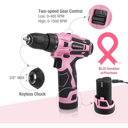  [아마존베스트]WORKPRO Pink Cordless Drill Driver Set, 12V Electric Screwdriver Driver Tool Kit for Women, 3/8 Keyless Chuck, Charger and Storage Bag Included - Pink Ribbon