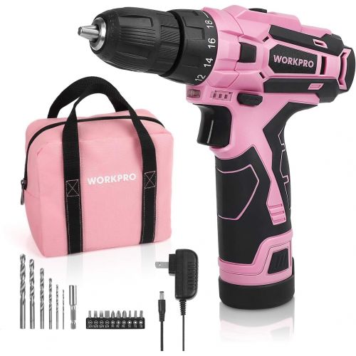  [아마존베스트]WORKPRO Pink Cordless Drill Driver Set, 12V Electric Screwdriver Driver Tool Kit for Women, 3/8 Keyless Chuck, Charger and Storage Bag Included - Pink Ribbon