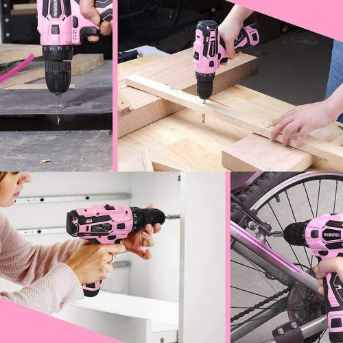  [아마존베스트]WORKPRO Pink Cordless Drill Driver Set, 12V Electric Screwdriver Driver Tool Kit for Women, 3/8 Keyless Chuck, Charger and Storage Bag Included - Pink Ribbon