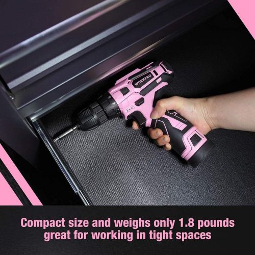  [아마존베스트]WORKPRO Pink Cordless Drill Driver Set, 12V Electric Screwdriver Driver Tool Kit for Women, 3/8 Keyless Chuck, Charger and Storage Bag Included - Pink Ribbon