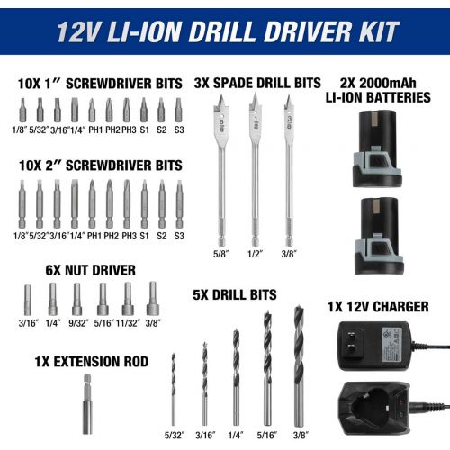  [아마존베스트]WORKPRO 12V Cordless Drill Driver Kit, 2-Speed, 2 Li-Ion Batteries 2000 mAh, Fast Charger, 3/8 Clutch, 18+3 Torque Setting, 34 pcs Drill/Driver Bits Included