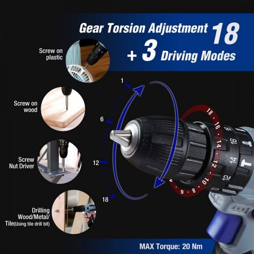  [아마존베스트]WORKPRO 12V Cordless Drill Driver Kit, 2-Speed, 2 Li-Ion Batteries 2000 mAh, Fast Charger, 3/8 Clutch, 18+3 Torque Setting, 34 pcs Drill/Driver Bits Included