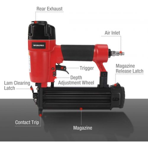  [아마존베스트]WORKPRO 18-Gauge Pneumatic Brad Nailer, Compatible with 3/8” up to 2” Nails, Depth Adjustment Nail Gun for Upholstery, Carpentry and Woodworking Projects