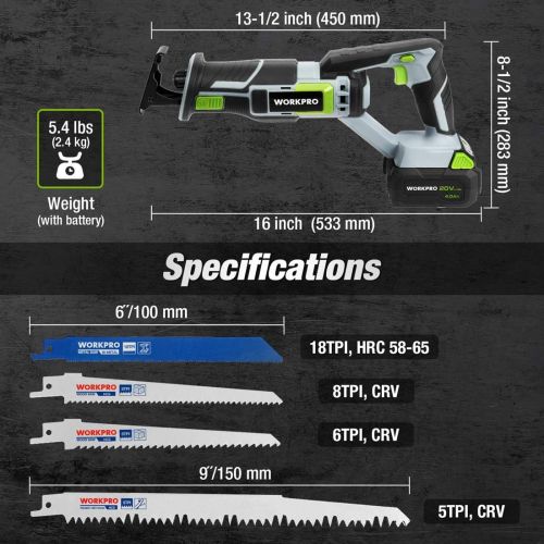  [아마존베스트]WORKPRO Cordless Reciprocating Saw, 20V 4.0Ah Battery, 1-inch Stroke Length, 4 Saw Blades for Wood & Metal Cutting Included