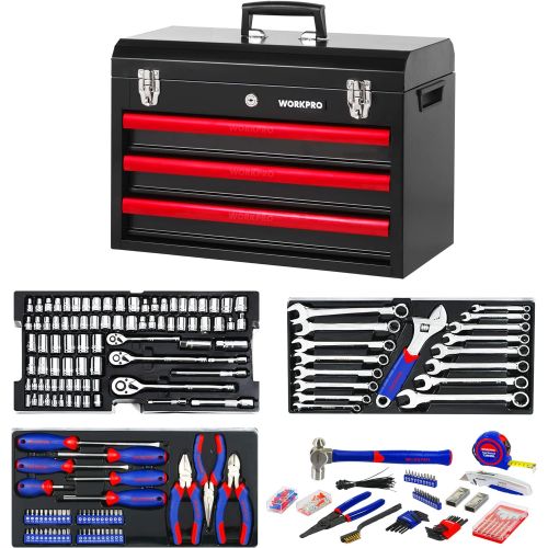  WORKPRO W009044A Mechanics Tool Set with 3-Drawer Heavy Duty Metal Box (408 Piece)