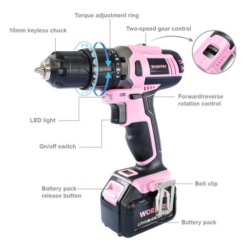  WORKPRO Pink Cordless 20V Lithium-ion Drill Driver Set (1.5Ah),1 Battery, Charger and Storage Bag Included