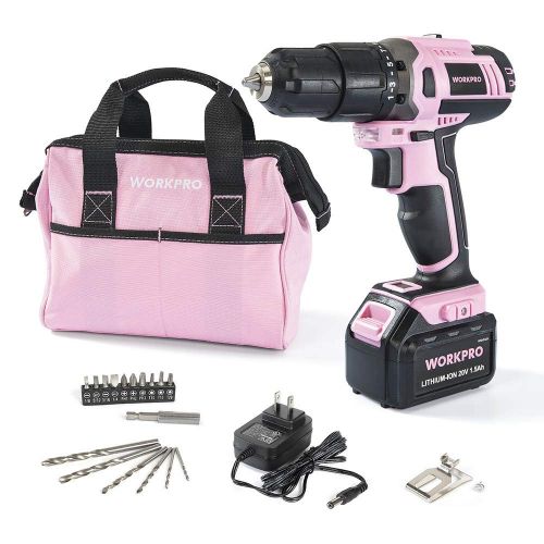  WORKPRO Pink Cordless 20V Lithium-ion Drill Driver Set (1.5Ah),1 Battery, Charger and Storage Bag Included