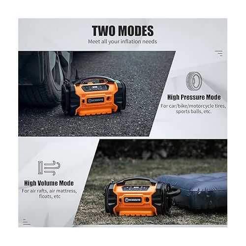  WORKSITE Tire Inflator Air compressor, 160 PSI Car Tire Pump with 3 Power Supply (110V AC, 12V DC & 20V Battery), Inflation & Deflation Modes, Dual Powerful Motors, Digital Pressure Gauge, Orange