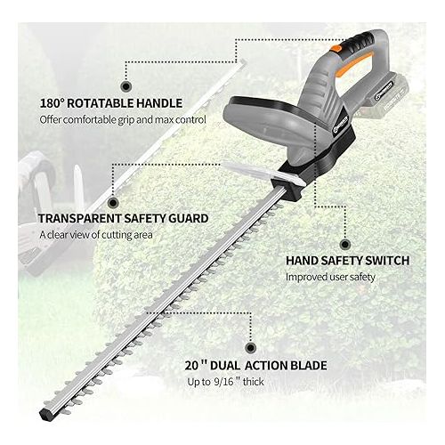  WORKSITE 20V Hedge Trimmer Cordless, Lightweight Bush Trimmer with 20-Inch Dual Steel Blade, Battery & Charger Included