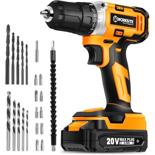  WORKSITE Cordless Drill/Driver Kit, 20V MAX 3/8 Compact Drill Set with 2.0A Battery, Charger, 309 In-lbs Max Torque, 24pcs Accessories for Drilling Wood Metal