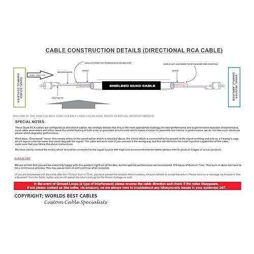  WORLDS BEST CABLES 1 Foot RCA Cable Pair - Canare L-4E6S, Star Quad, Audio Interconnect Cable with Premium Gold Plated Locking RCA Connectors - Directional - Custom Made