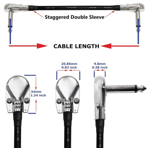  WORLDS BEST CABLES 6 Units - Canare GS-6-12 Inch - Guitar Bass Effects Instrument, Patch Cable with ¼ Inch (6.35mm) Low-Profile, Right Angled Pancake Type TS Connectors - Custom Made by WORLDS BEST C
