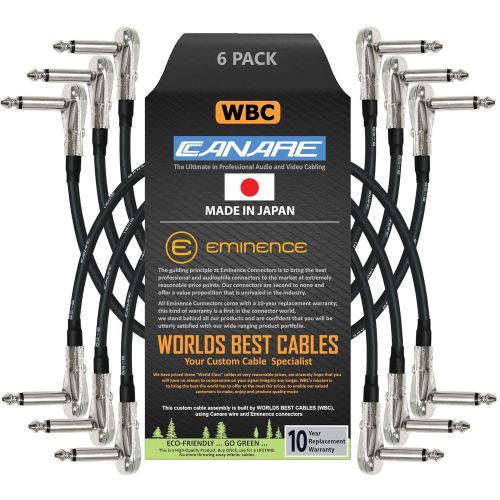  WORLDS BEST CABLES 6 Units - Canare GS-6-12 Inch - Guitar Bass Effects Instrument, Patch Cable with ¼ Inch (6.35mm) Low-Profile, Right Angled Pancake Type TS Connectors - Custom Made by WORLDS BEST C