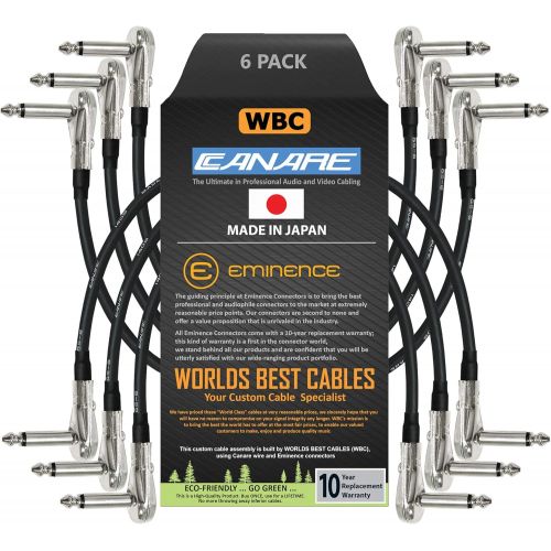  WORLDS BEST CABLES 6 Units - Canare GS-6-6 Inch - Guitar Bass Effects Instrument, Patch Cable with ¼ Inch (6.35mm) Low-Profile, Right Angled Pancake Type TS Connectors - Custom Made by WORLDS BEST CA
